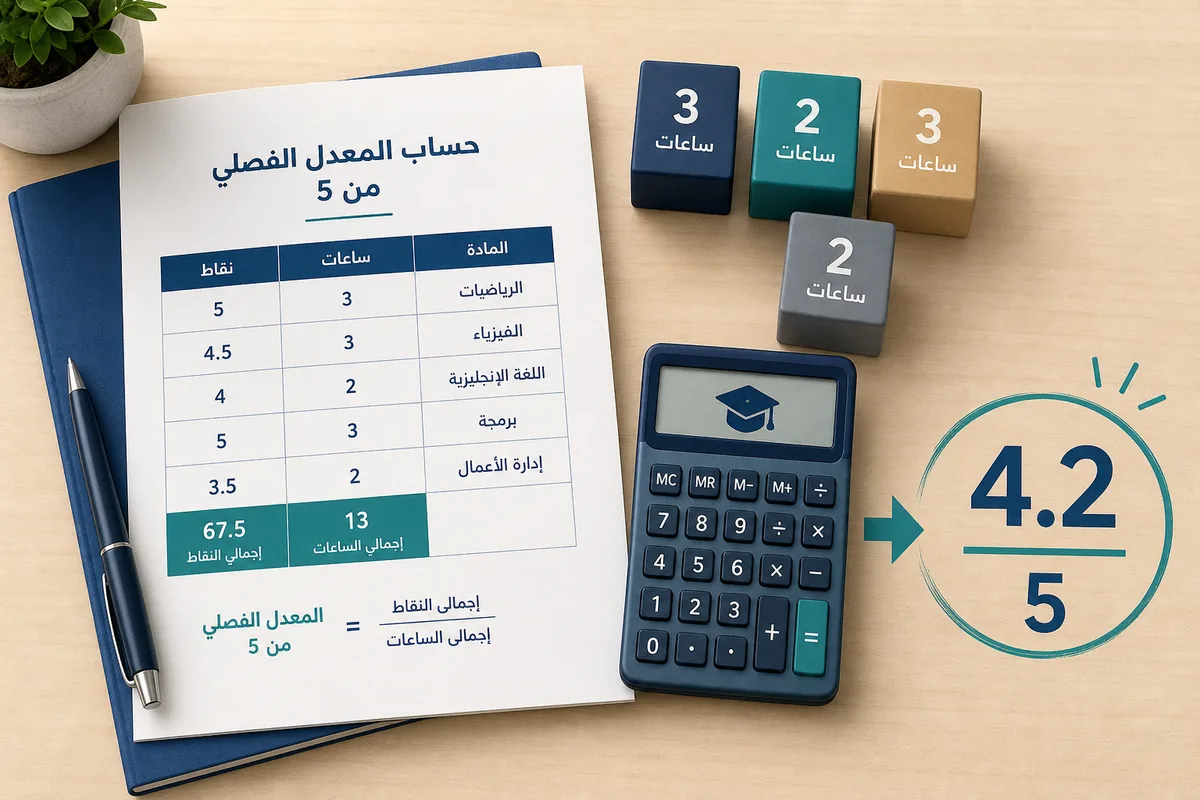 حساب المعدل الفصلي من 5 باستخدام الساعات والتقديرات
